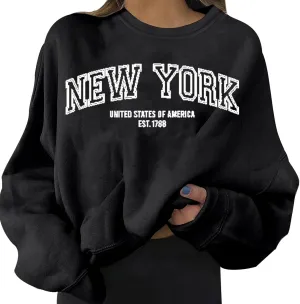 Womens New York Letter Printed Sweatshirt Long Sleeve Crew Neck Casual Pullovers Tops Teen Girls Fall Clothes