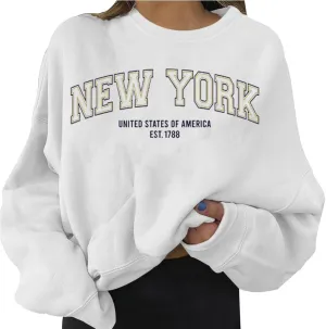 Womens New York Letter Printed Sweatshirt Long Sleeve Crew Neck Casual Pullovers Tops Teen Girls Fall Clothes