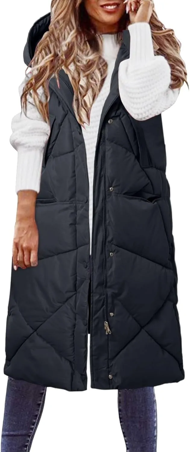 Womens Oversized Lightweight Down Coat Vest Fall Winter Casual Hooded Warm Puffer Jacket Trendy Solid Versatile Outwear