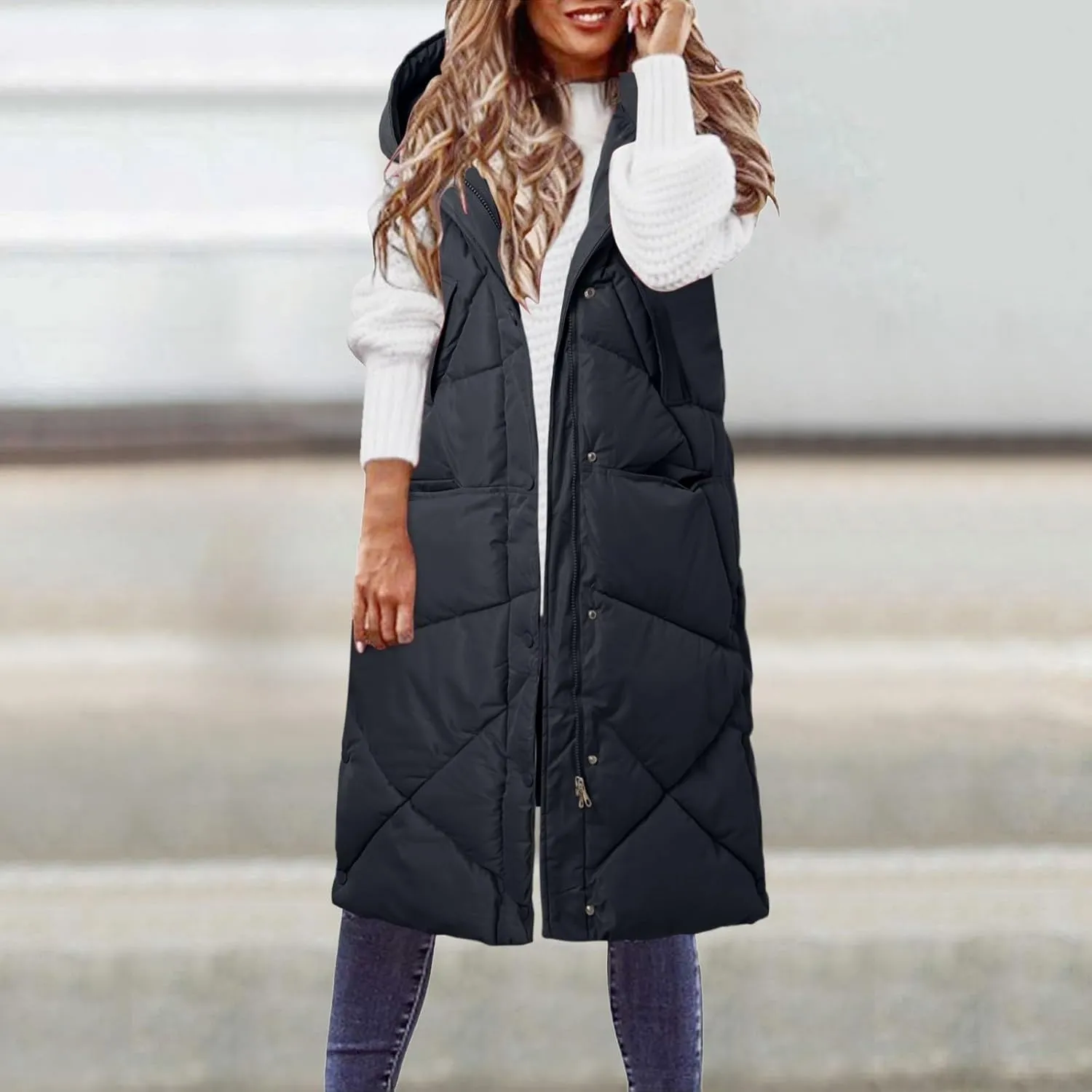 Womens Oversized Lightweight Down Coat Vest Fall Winter Casual Hooded Warm Puffer Jacket Trendy Solid Versatile Outwear