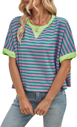 Womens Oversized Striped T Shirts Short Sleeve Crewneck Color Block Tops 2025 Summer Casual Blouse Basic Tee Shirts