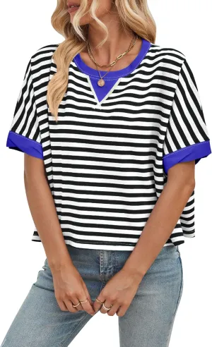 Womens Oversized Striped T Shirts Short Sleeve Crewneck Color Block Tops 2025 Summer Casual Blouse Basic Tee Shirts