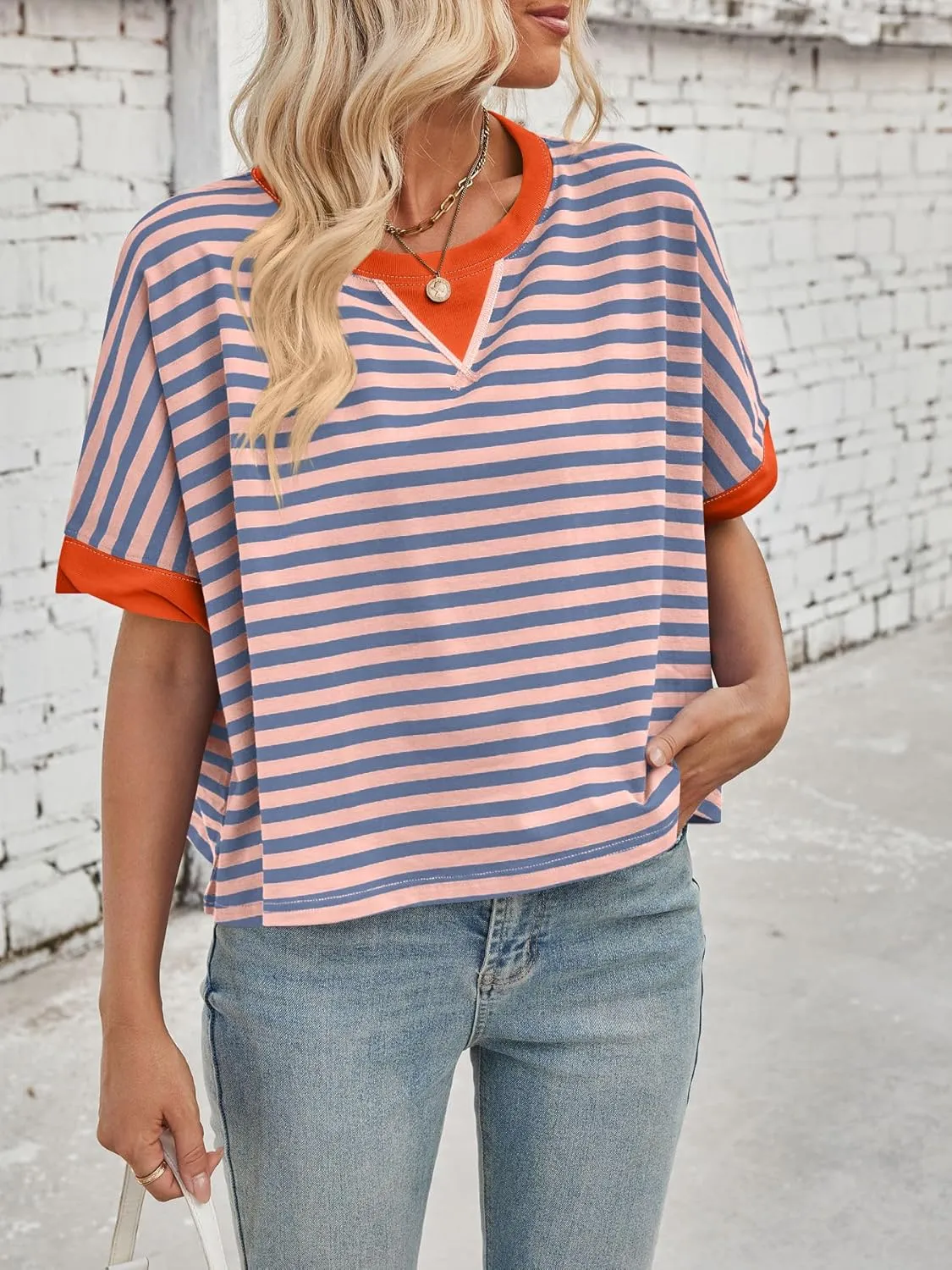 Womens Oversized Striped T Shirts Short Sleeve Crewneck Color Block Tops 2025 Summer Casual Blouse Basic Tee Shirts
