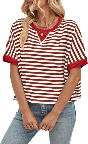 Womens Oversized Striped T Shirts Short Sleeve Crewneck Color Block Tops 2025 Summer Casual Blouse Basic Tee Shirts