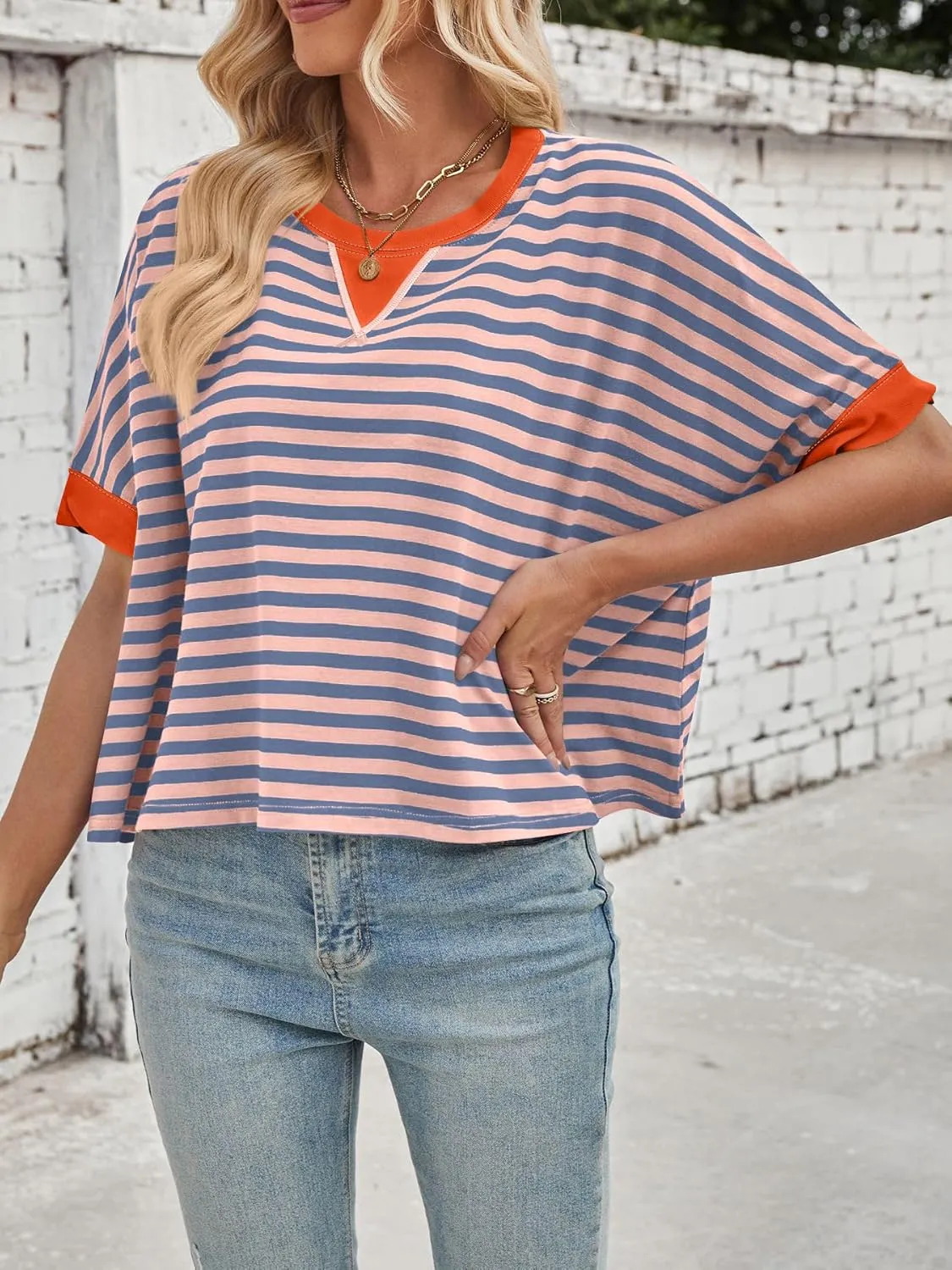 Womens Oversized Striped T Shirts Short Sleeve Crewneck Color Block Tops 2025 Summer Casual Blouse Basic Tee Shirts