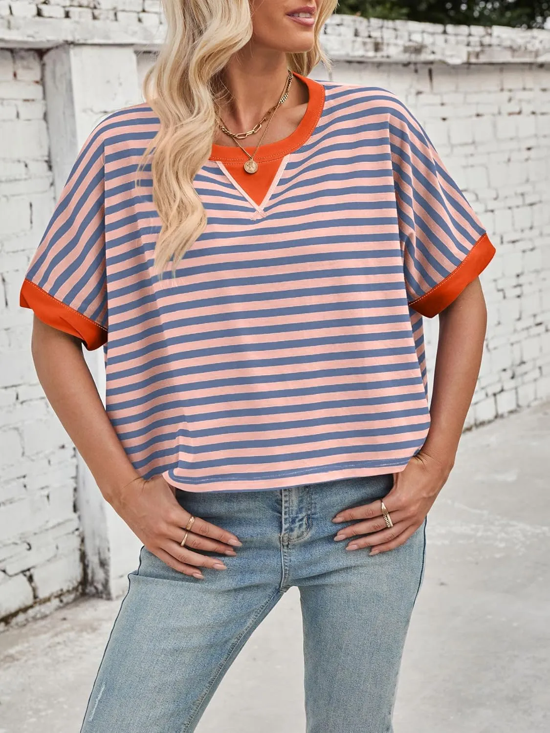 Womens Oversized Striped T Shirts Short Sleeve Crewneck Color Block Tops 2025 Summer Casual Blouse Basic Tee Shirts