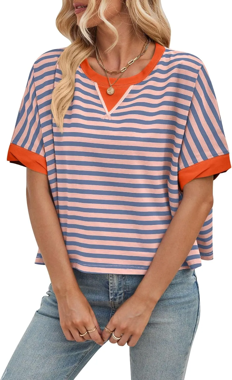 Womens Oversized Striped T Shirts Short Sleeve Crewneck Color Block Tops 2025 Summer Casual Blouse Basic Tee Shirts