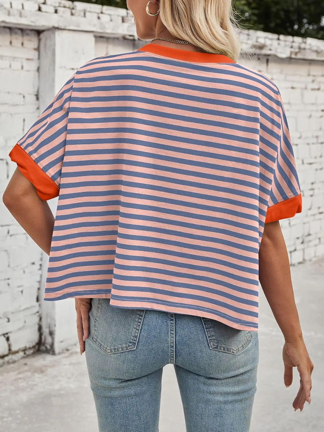 Womens Oversized Striped T Shirts Short Sleeve Crewneck Color Block Tops 2025 Summer Casual Blouse Basic Tee Shirts
