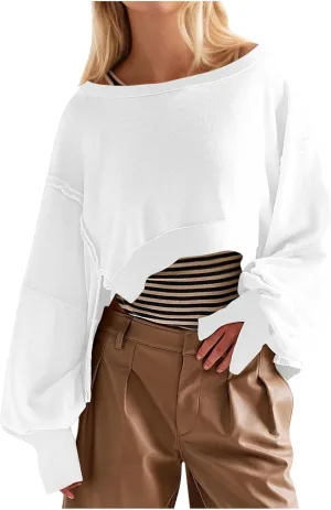 Womens Oversized Sweatshirts Trendy, Cropped Crew Neck Sweatshirts Exposed Seam Loose Tunic Tops Fall Clothes 2025