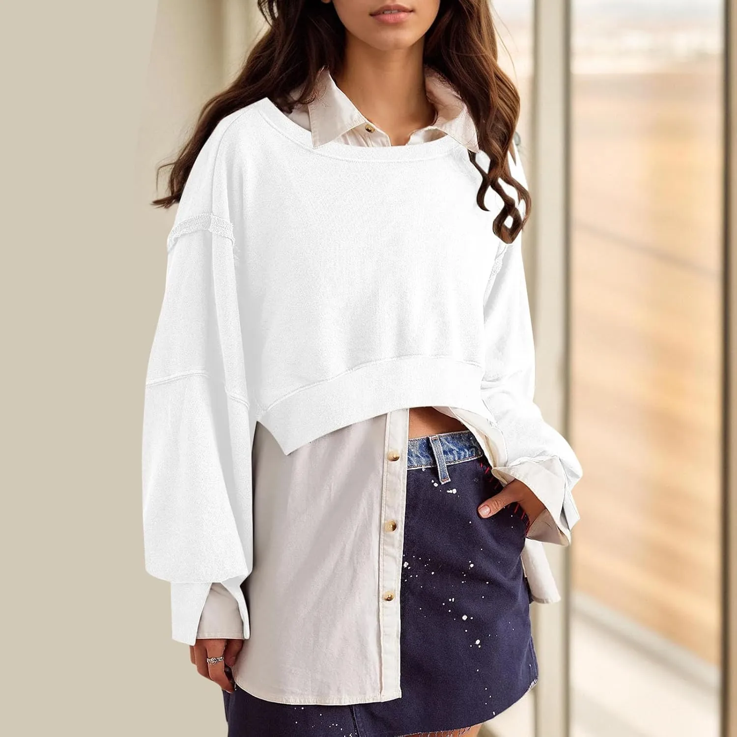 Womens Oversized Sweatshirts Trendy, Cropped Crew Neck Sweatshirts Exposed Seam Loose Tunic Tops Fall Clothes 2025