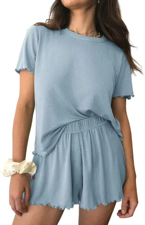 Womens Pajamas 2 Piece Ribbed Knit Pjs Ribbed Knit Short Sleeve Shirts Shorts Casual Lounge Sets