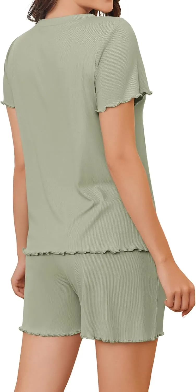 Womens Pajamas 2 Piece Ribbed Knit Pjs Ribbed Knit Short Sleeve Shirts Shorts Casual Lounge Sets