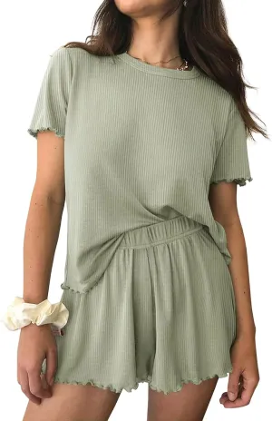Womens Pajamas 2 Piece Ribbed Knit Pjs Ribbed Knit Short Sleeve Shirts Shorts Casual Lounge Sets