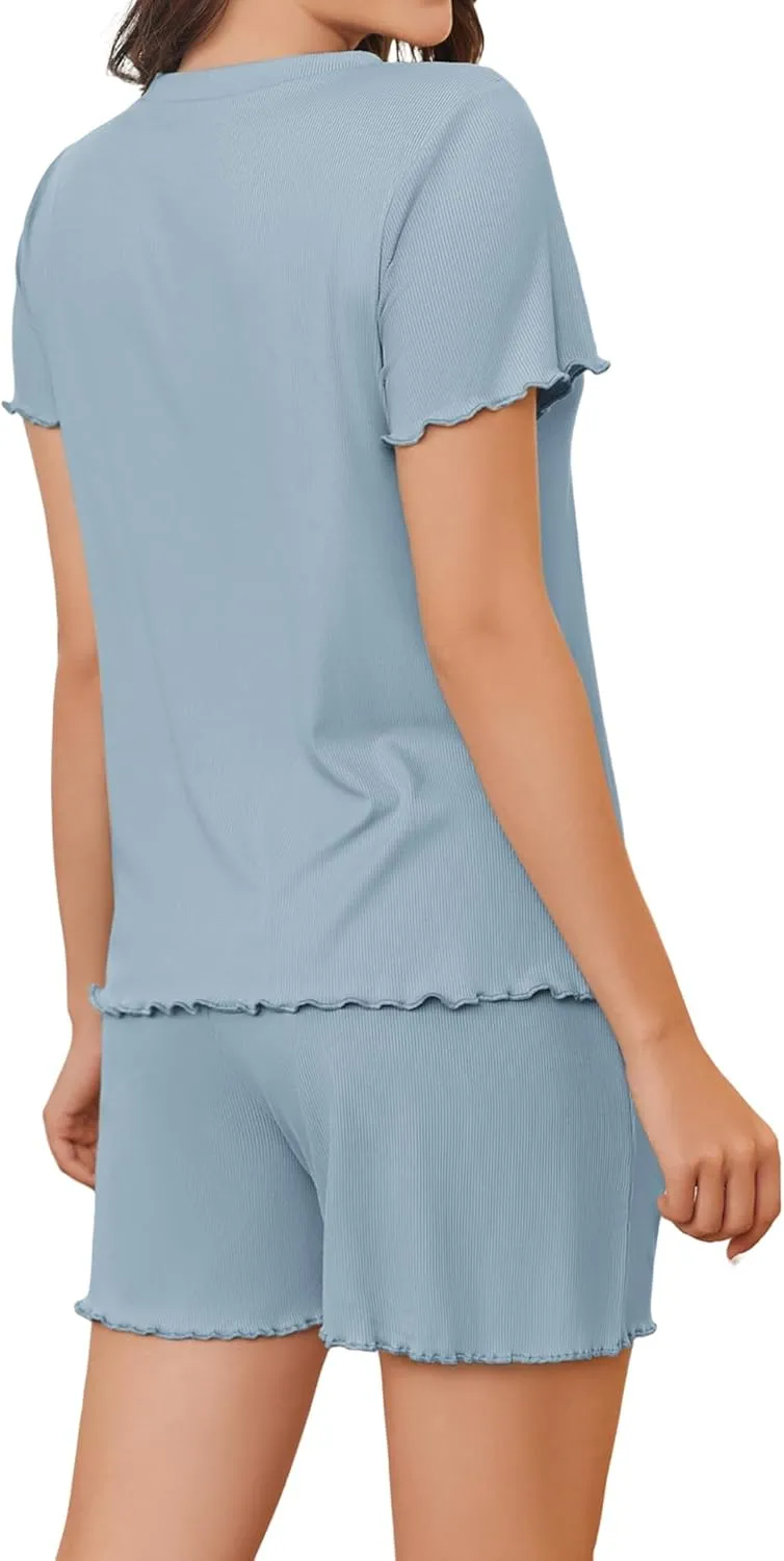 Womens Pajamas 2 Piece Ribbed Knit Pjs Ribbed Knit Short Sleeve Shirts Shorts Casual Lounge Sets