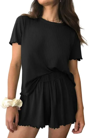 Womens Pajamas 2 Piece Ribbed Knit Pjs Ribbed Knit Short Sleeve Shirts Shorts Casual Lounge Sets