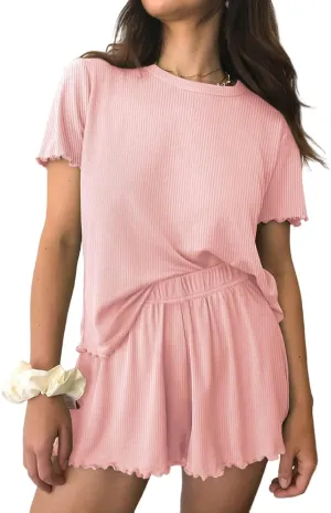 Womens Pajamas 2 Piece Ribbed Knit Pjs Ribbed Knit Short Sleeve Shirts Shorts Casual Lounge Sets