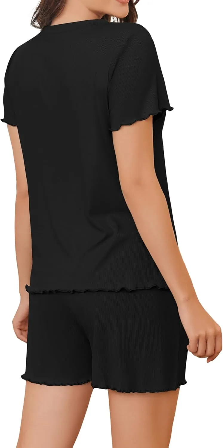 Womens Pajamas 2 Piece Ribbed Knit Pjs Ribbed Knit Short Sleeve Shirts Shorts Casual Lounge Sets