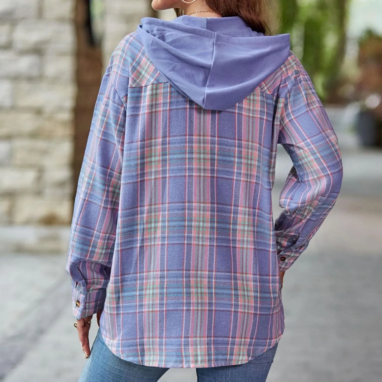 Womens Plaid Hooded Jacket Oversized Long Sleeve Button Down Flannel Shirts Boyfriend Casual Blouse Tops