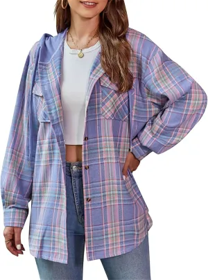 Womens Plaid Hooded Jacket Oversized Long Sleeve Button Down Flannel Shirts Boyfriend Casual Blouse Tops
