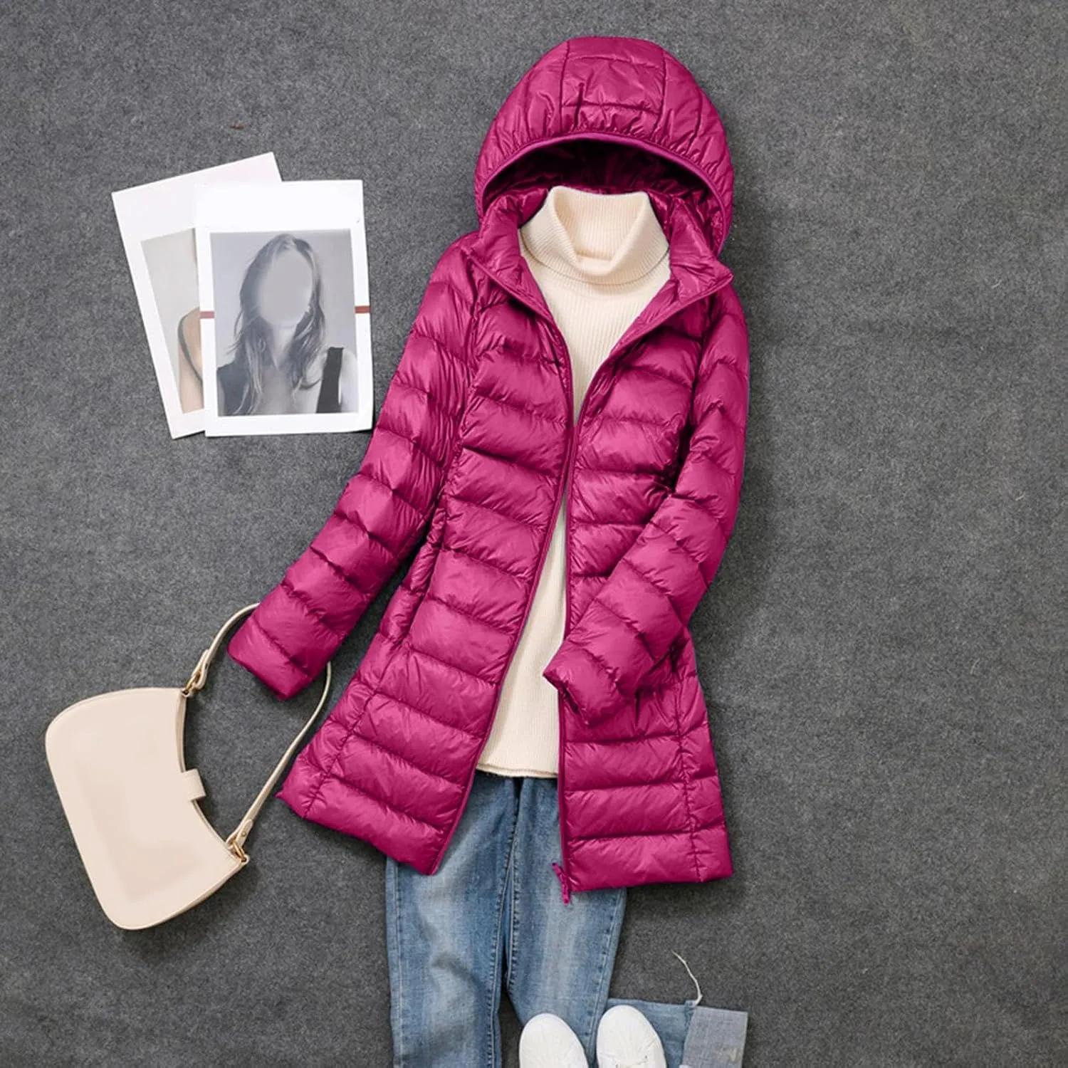 Womens Puffer Jacket 2024 Winter Warm Packable Down Jackets Lightweight Slim Fit Long Hooded Duck Coat Pockets