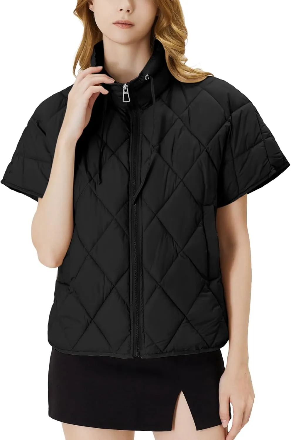 Women's Puffer Vest Short Sleeves Lightweight Outerwear Vests Quilted Jacket Coat with Pockets