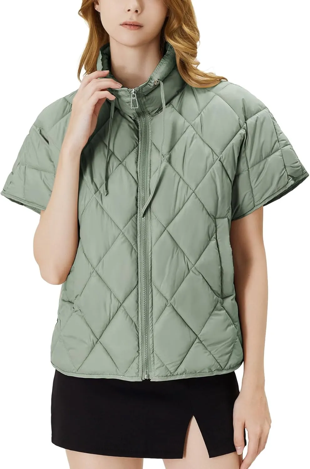 Women's Puffer Vest Short Sleeves Lightweight Outerwear Vests Quilted Jacket Coat with Pockets