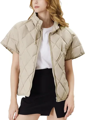 Women's Puffer Vest Short Sleeves Lightweight Outerwear Vests Quilted Jacket Coat with Pockets
