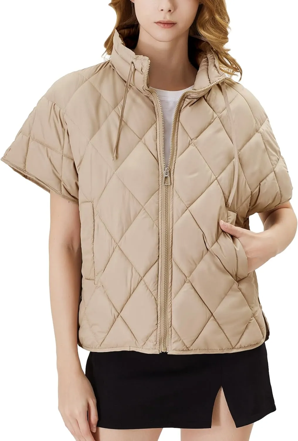 Women's Puffer Vest Short Sleeves Lightweight Outerwear Vests Quilted Jacket Coat with Pockets