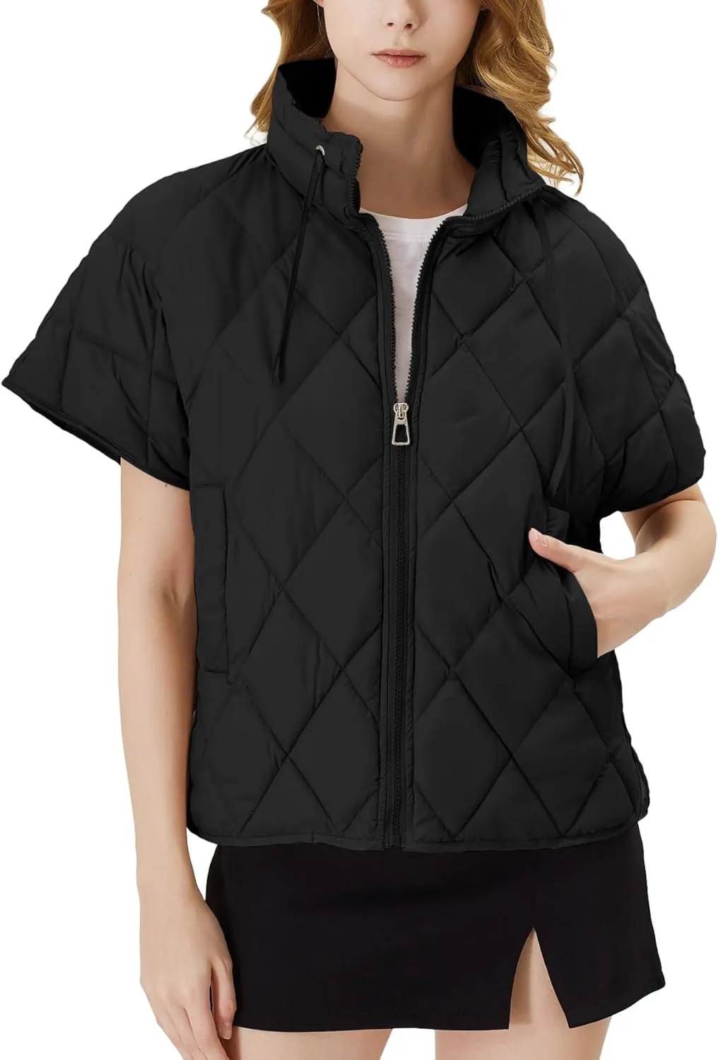 Women's Puffer Vest Short Sleeves Lightweight Outerwear Vests Quilted Jacket Coat with Pockets