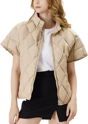 Women's Puffer Vest Short Sleeves Lightweight Outerwear Vests Quilted Jacket Coat with Pockets