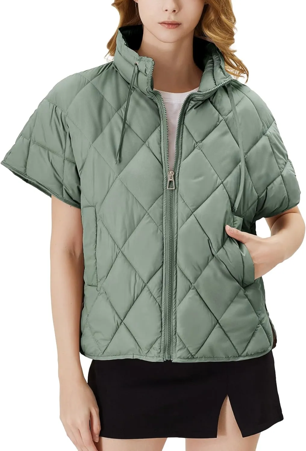 Women's Puffer Vest Short Sleeves Lightweight Outerwear Vests Quilted Jacket Coat with Pockets