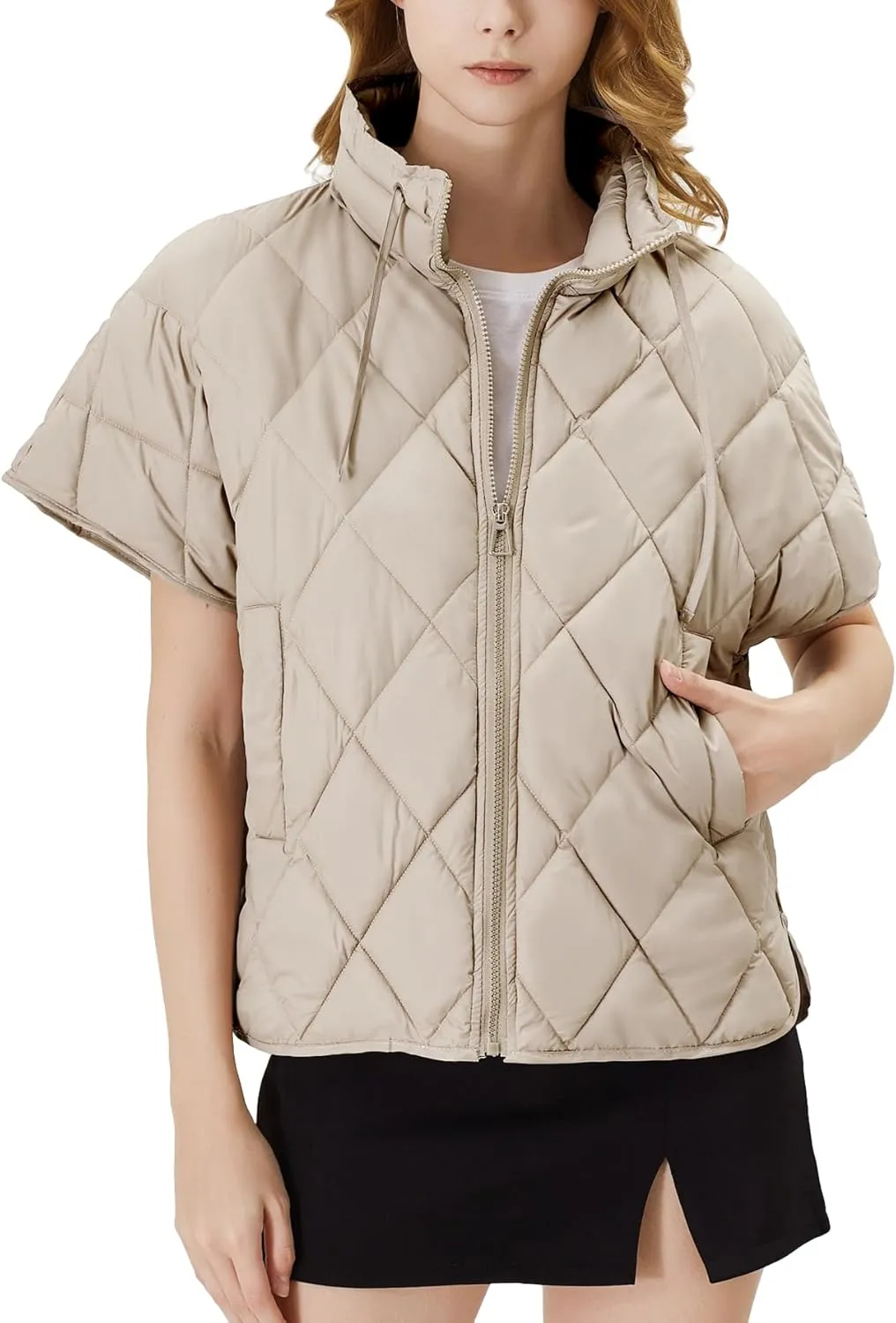 Women's Puffer Vest Short Sleeves Lightweight Outerwear Vests Quilted Jacket Coat with Pockets