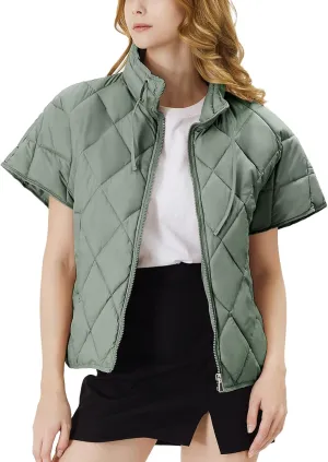 Women's Puffer Vest Short Sleeves Lightweight Outerwear Vests Quilted Jacket Coat with Pockets