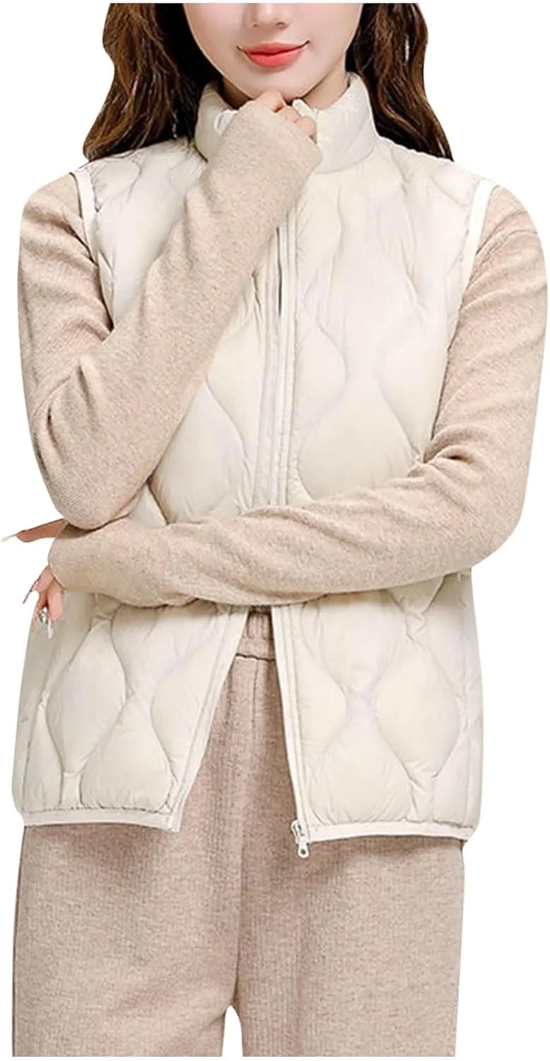 Womens Quilted Vest Lightweight Puffer Jackets Casual Stand Collar Coats Winter Warm Gilet Down Coat with Pockets