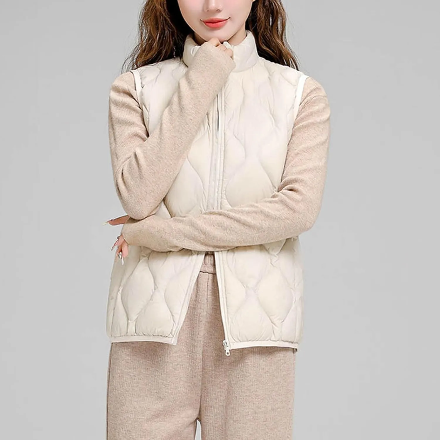 Womens Quilted Vest Lightweight Puffer Jackets Casual Stand Collar Coats Winter Warm Gilet Down Coat with Pockets