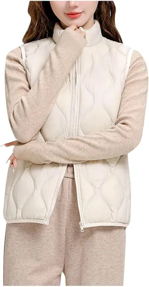 Womens Quilted Vest Lightweight Puffer Jackets Casual Stand Collar Coats Winter Warm Gilet Down Coat with Pockets