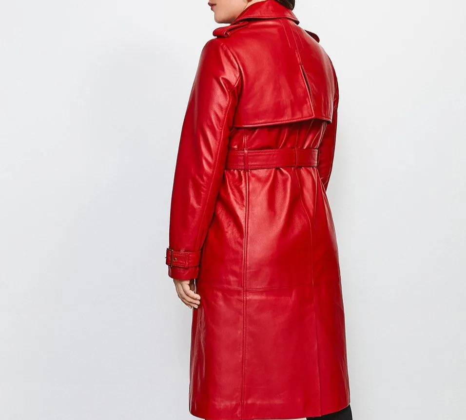 Women's Red Leather Trench Coat