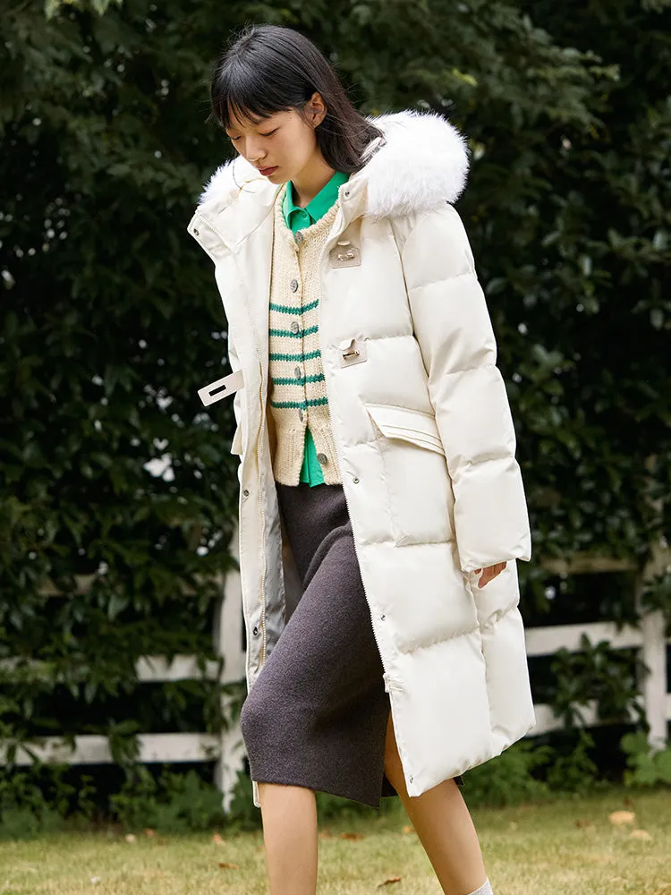Women's red long thick down jacket