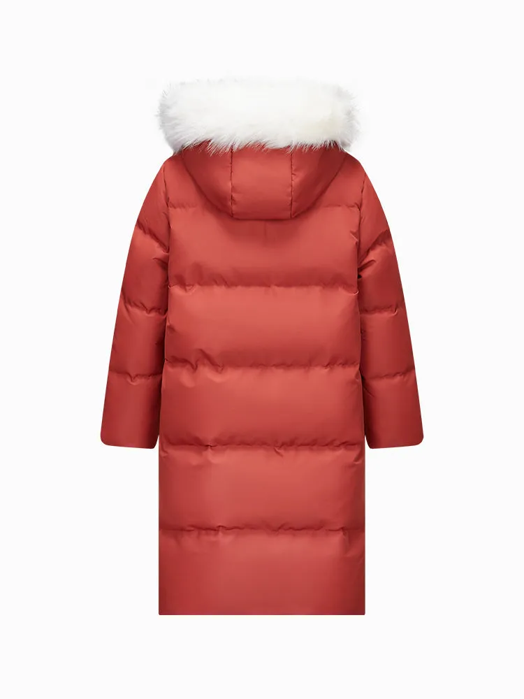 Women's red long thick down jacket