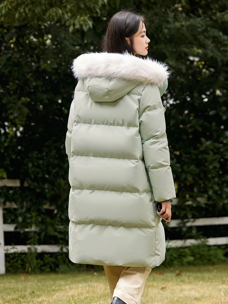 Women's red long thick down jacket