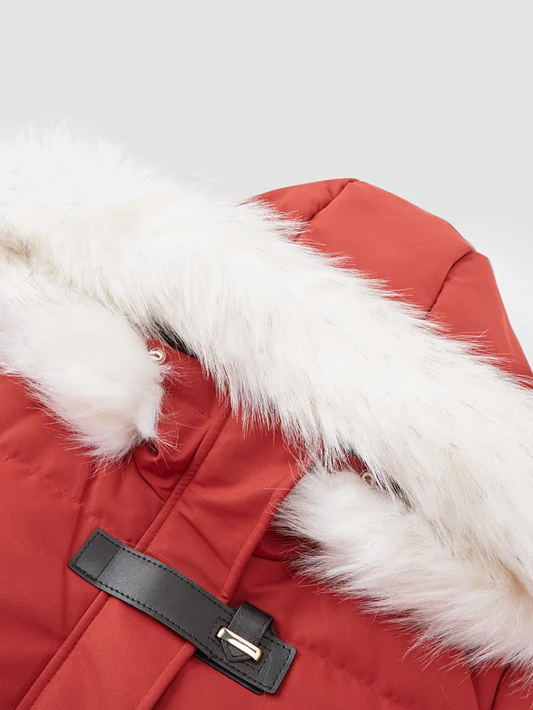 Women's red long thick down jacket