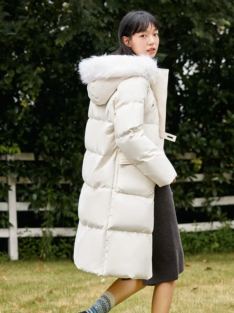 Women's red long thick down jacket
