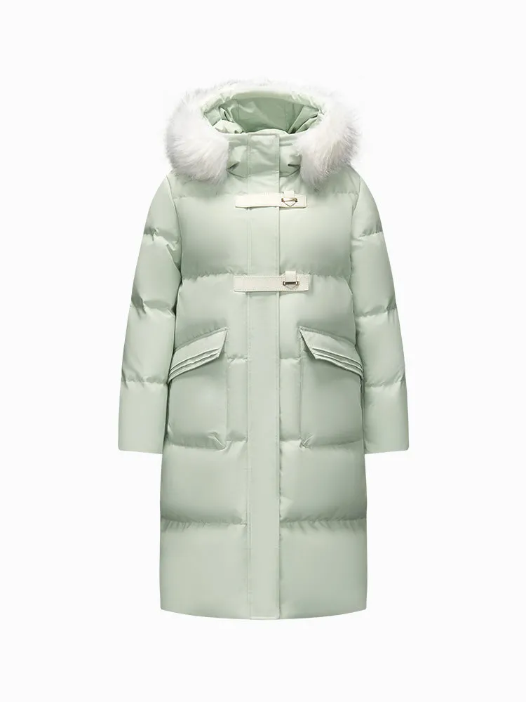 Women's red long thick down jacket
