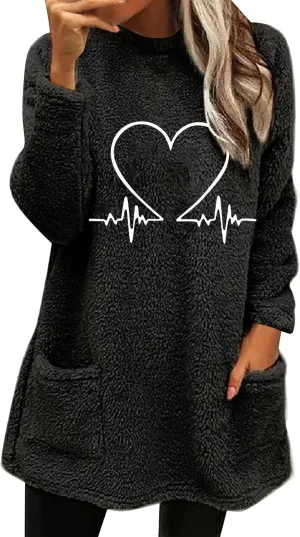Women's Sherpa Sweatshirts Pockets Casual Pullover Sweaters Long Sleeve Heart Printed Coral Fleece Warm Winter Tops