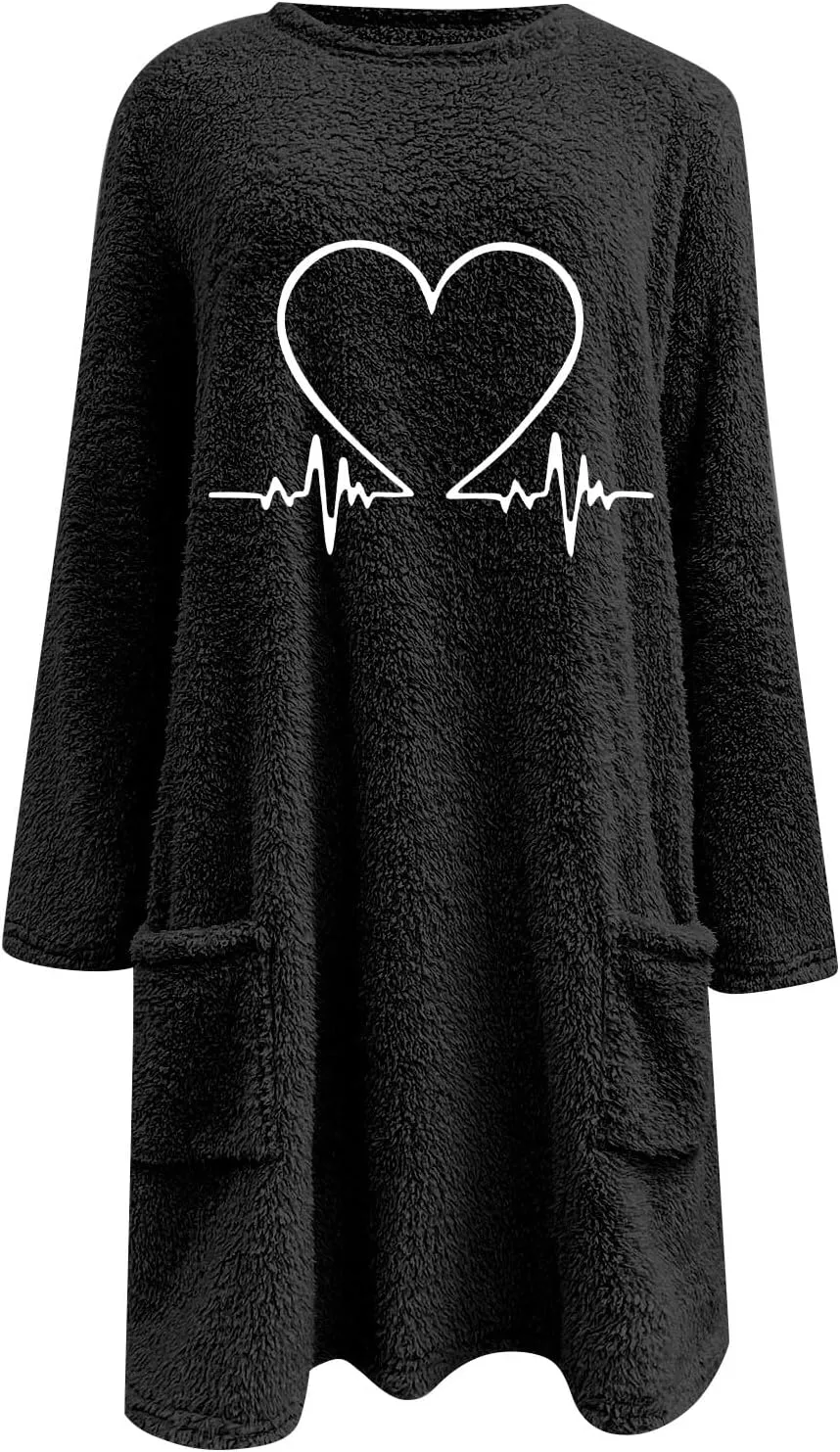 Women's Sherpa Sweatshirts Pockets Casual Pullover Sweaters Long Sleeve Heart Printed Coral Fleece Warm Winter Tops