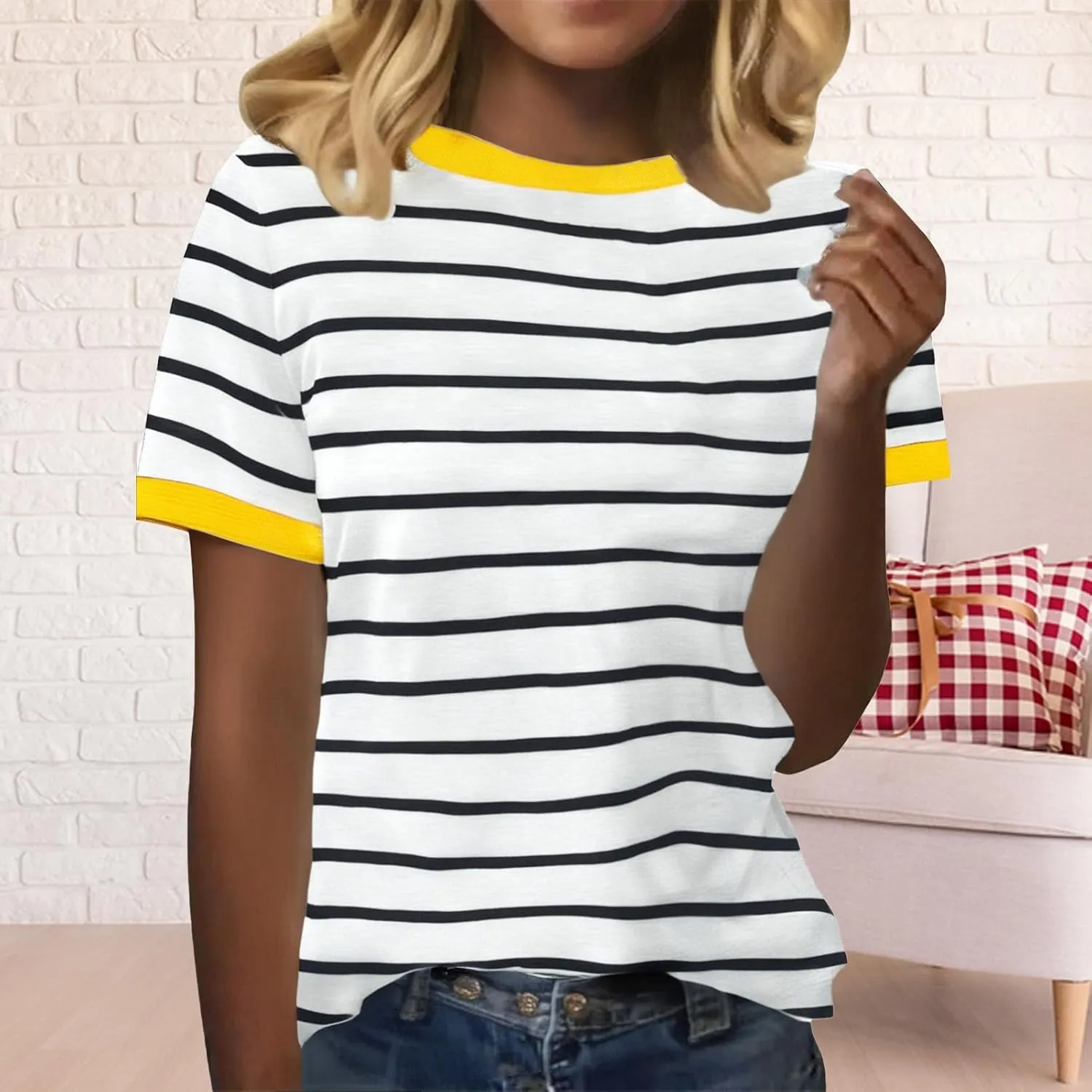 Womens Short Sleeve Summer T Shirt Crew Neck Basic Color Block Tee Tops 2025 Causal Loose Fit Shirts