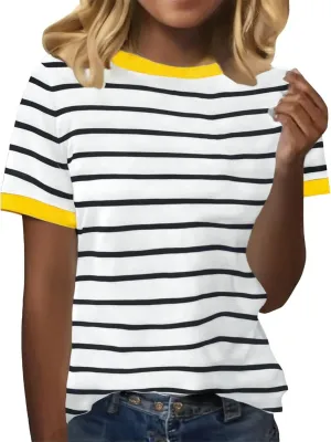 Womens Short Sleeve Summer T Shirt Crew Neck Basic Color Block Tee Tops 2025 Causal Loose Fit Shirts