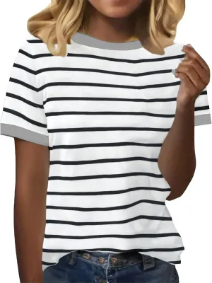 Womens Short Sleeve Summer T Shirt Crew Neck Basic Color Block Tee Tops 2025 Causal Loose Fit Shirts