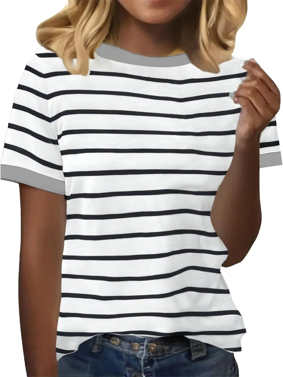 Womens Short Sleeve Summer T Shirt Crew Neck Basic Color Block Tee Tops 2025 Causal Loose Fit Shirts