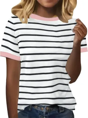 Womens Short Sleeve Summer T Shirt Crew Neck Basic Color Block Tee Tops 2025 Causal Loose Fit Shirts